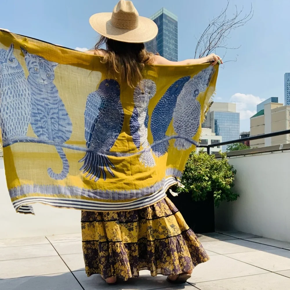 Inouïtoosh Wool Mustard Owl Cat Fringed Blanket Scarf